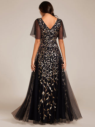 Short Sleeve Ruffle Sequin Deep V-Neck A-Line Floor Length Evening Dresses