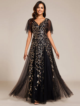 Short Sleeve Ruffle Sequin Deep V-Neck A-Line Floor Length Evening Dresses
