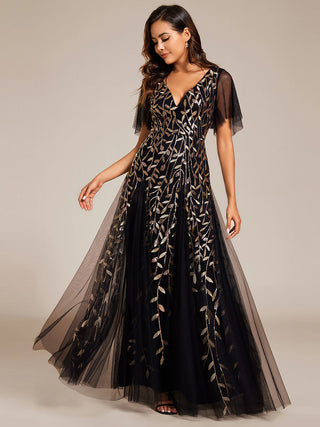 Short Sleeve Ruffle Sequin Deep V-Neck A-Line Floor Length Evening Dresses