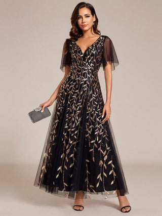Short Sleeve Ruffle Sequin Deep V-Neck A-Line Floor Length Evening Dresses