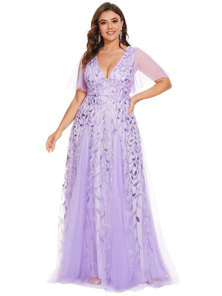 Short Sleeve Ruffle Sequin Deep V-Neck A-Line Floor Length Evening Dresses