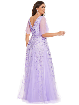 Short Sleeve Ruffle Sequin Deep V-Neck A-Line Floor Length Evening Dresses