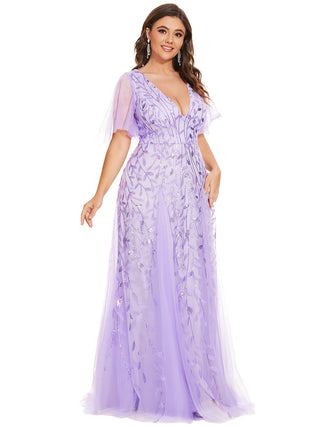 Short Sleeve Ruffle Sequin Deep V-Neck A-Line Floor Length Evening Dresses