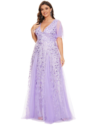 Short Sleeve Ruffle Sequin Deep V-Neck A-Line Floor Length Evening Dresses
