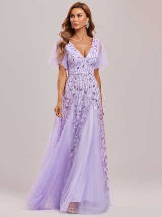 Short Sleeve Ruffle Sequin Deep V-Neck A-Line Floor Length Evening Dresses