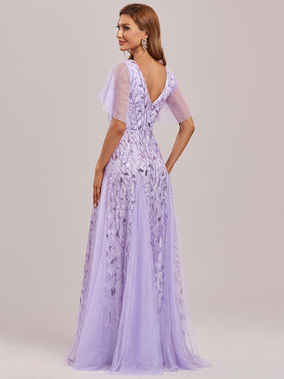 Short Sleeve Ruffle Sequin Deep V-Neck A-Line Floor Length Evening Dresses