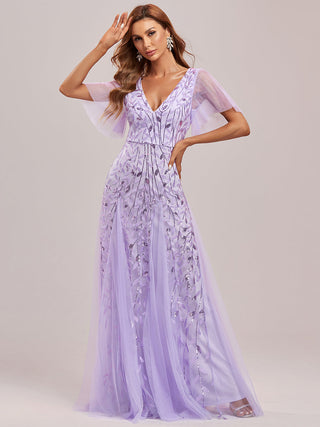 Short Sleeve Ruffle Sequin Deep V-Neck A-Line Floor Length Evening Dresses