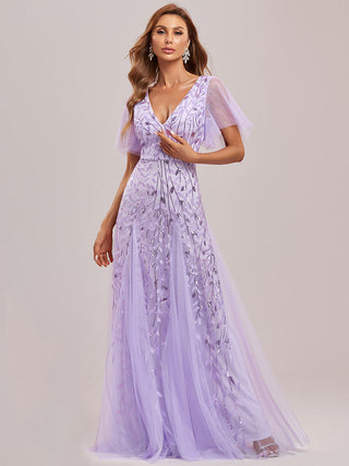 Short Sleeve Ruffle Sequin Deep V-Neck A-Line Floor Length Evening Dresses