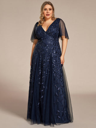 Short Sleeve Ruffle Sequin Deep V-Neck A-Line Floor Length Evening Dresses