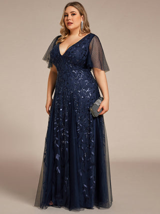 Short Sleeve Ruffle Sequin Deep V-Neck A-Line Floor Length Evening Dresses