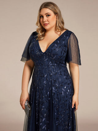 Short Sleeve Ruffle Sequin Deep V-Neck A-Line Floor Length Evening Dresses