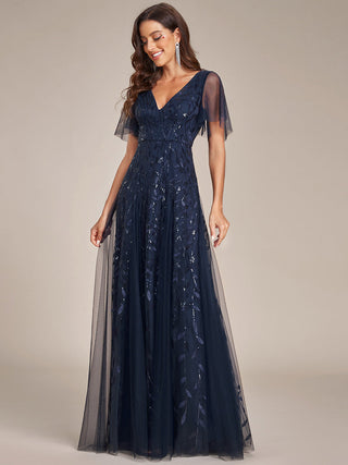 Short Sleeve Ruffle Sequin Deep V-Neck A-Line Floor Length Evening Dresses