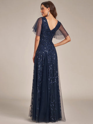 Short Sleeve Ruffle Sequin Deep V-Neck A-Line Floor Length Evening Dresses