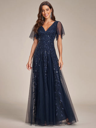 Short Sleeve Ruffle Sequin Deep V-Neck A-Line Floor Length Evening Dresses