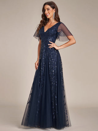 Short Sleeve Ruffle Sequin Deep V-Neck A-Line Floor Length Evening Dresses