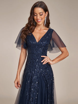 Short Sleeve Ruffle Sequin Deep V-Neck A-Line Floor Length Evening Dresses