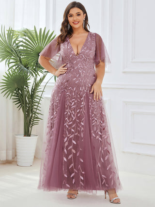 Short Sleeve Ruffle Sequin Deep V-Neck A-Line Floor Length Evening Dresses