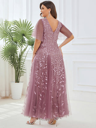 Short Sleeve Ruffle Sequin Deep V-Neck A-Line Floor Length Evening Dresses