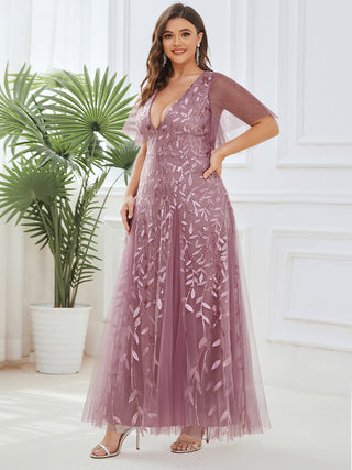 Short Sleeve Ruffle Sequin Deep V-Neck A-Line Floor Length Evening Dresses