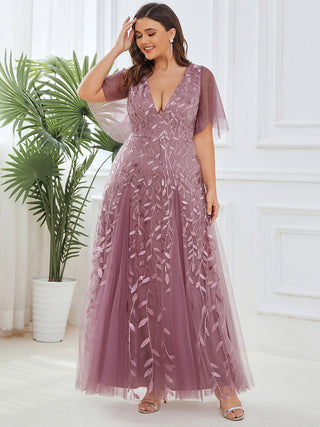 Short Sleeve Ruffle Sequin Deep V-Neck A-Line Floor Length Evening Dresses