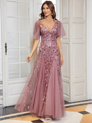 Short Sleeve Ruffle Sequin Deep V-Neck A-Line Floor Length Evening Dresses