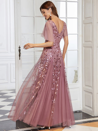 Short Sleeve Ruffle Sequin Deep V-Neck A-Line Floor Length Evening Dresses