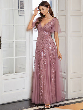 Short Sleeve Ruffle Sequin Deep V-Neck A-Line Floor Length Evening Dresses
