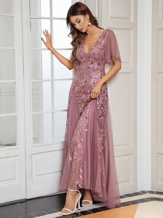 Short Sleeve Ruffle Sequin Deep V-Neck A-Line Floor Length Evening Dresses