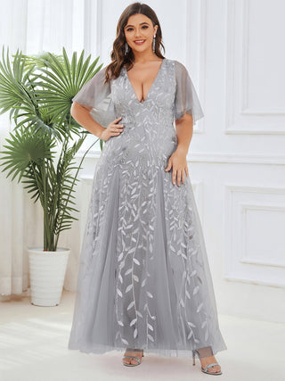 Short Sleeve Ruffle Sequin Deep V-Neck A-Line Floor Length Evening Dresses