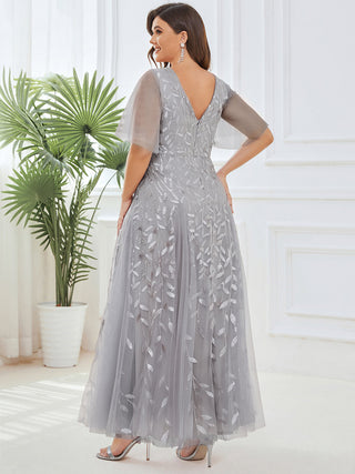 Short Sleeve Ruffle Sequin Deep V-Neck A-Line Floor Length Evening Dresses