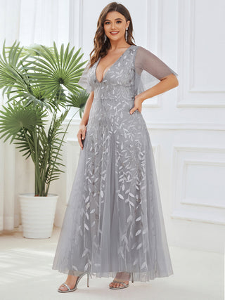 Short Sleeve Ruffle Sequin Deep V-Neck A-Line Floor Length Evening Dresses