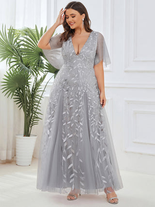 Short Sleeve Ruffle Sequin Deep V-Neck A-Line Floor Length Evening Dresses