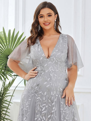 Short Sleeve Ruffle Sequin Deep V-Neck A-Line Floor Length Evening Dresses