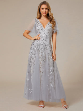 Short Sleeve Ruffle Sequin Deep V-Neck A-Line Floor Length Evening Dresses