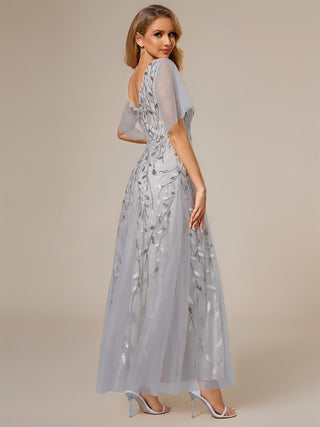 Short Sleeve Ruffle Sequin Deep V-Neck A-Line Floor Length Evening Dresses