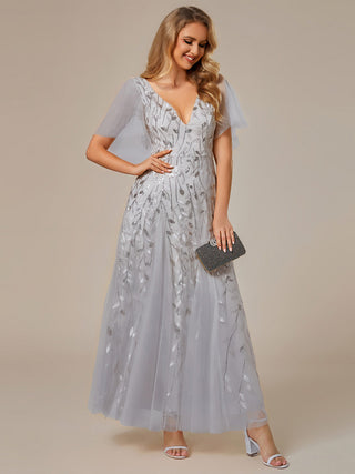 Short Sleeve Ruffle Sequin Deep V-Neck A-Line Floor Length Evening Dresses
