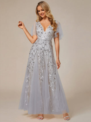 Short Sleeve Ruffle Sequin Deep V-Neck A-Line Floor Length Evening Dresses