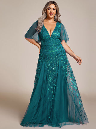 Short Sleeve Ruffle Sequin Deep V-Neck A-Line Floor Length Evening Dresses