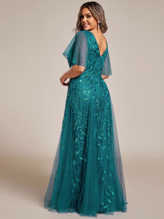 Short Sleeve Ruffle Sequin Deep V-Neck A-Line Floor Length Evening Dresses