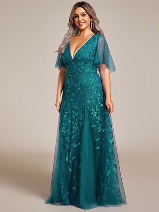Short Sleeve Ruffle Sequin Deep V-Neck A-Line Floor Length Evening Dresses