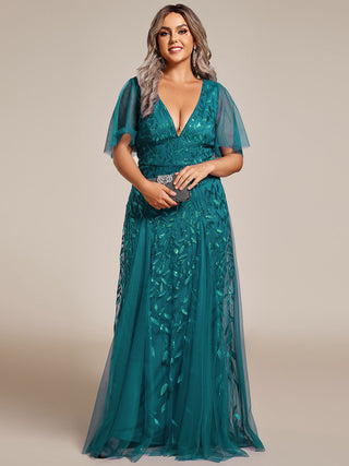 Short Sleeve Ruffle Sequin Deep V-Neck A-Line Floor Length Evening Dresses