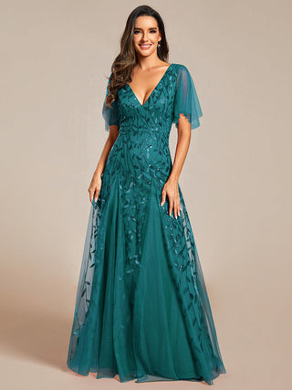 Short Sleeve Ruffle Sequin Deep V-Neck A-Line Floor Length Evening Dresses