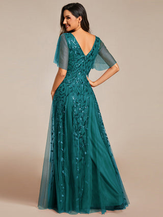 Short Sleeve Ruffle Sequin Deep V-Neck A-Line Floor Length Evening Dresses