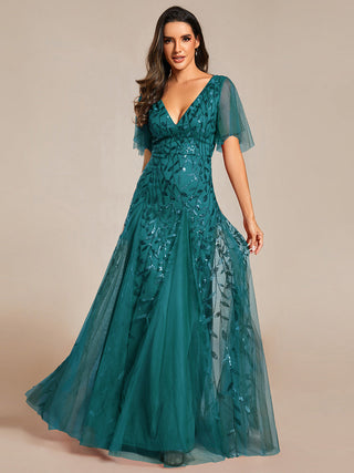 Short Sleeve Ruffle Sequin Deep V-Neck A-Line Floor Length Evening Dresses
