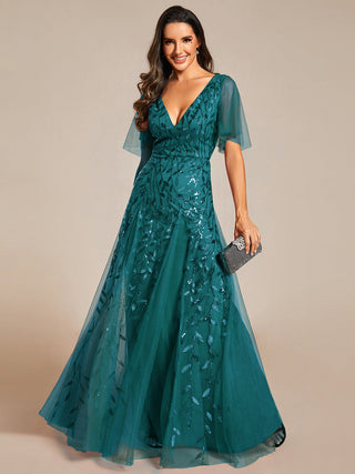 Short Sleeve Ruffle Sequin Deep V-Neck A-Line Floor Length Evening Dresses