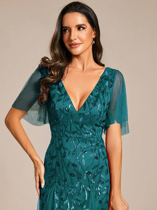 Short Sleeve Ruffle Sequin Deep V-Neck A-Line Floor Length Evening Dresses