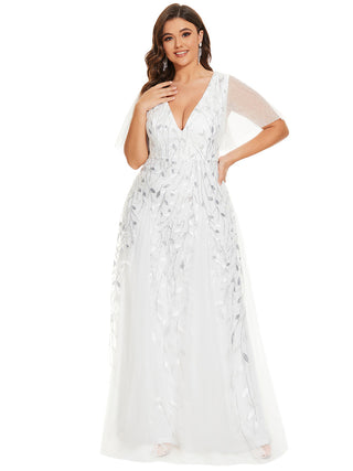 Short Sleeve Ruffle Sequin Deep V-Neck A-Line Floor Length Evening Dresses