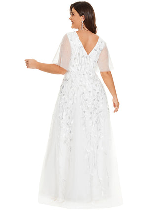 Short Sleeve Ruffle Sequin Deep V-Neck A-Line Floor Length Evening Dresses