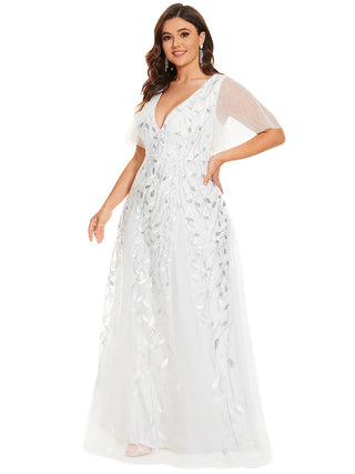 Short Sleeve Ruffle Sequin Deep V-Neck A-Line Floor Length Evening Dresses