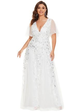 Short Sleeve Ruffle Sequin Deep V-Neck A-Line Floor Length Evening Dresses